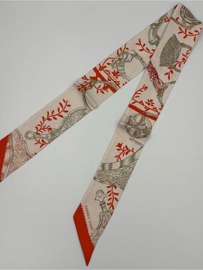 Hermes Etriers Remix Twilly Scarf Cream Red Equestrian Silk Ribbon